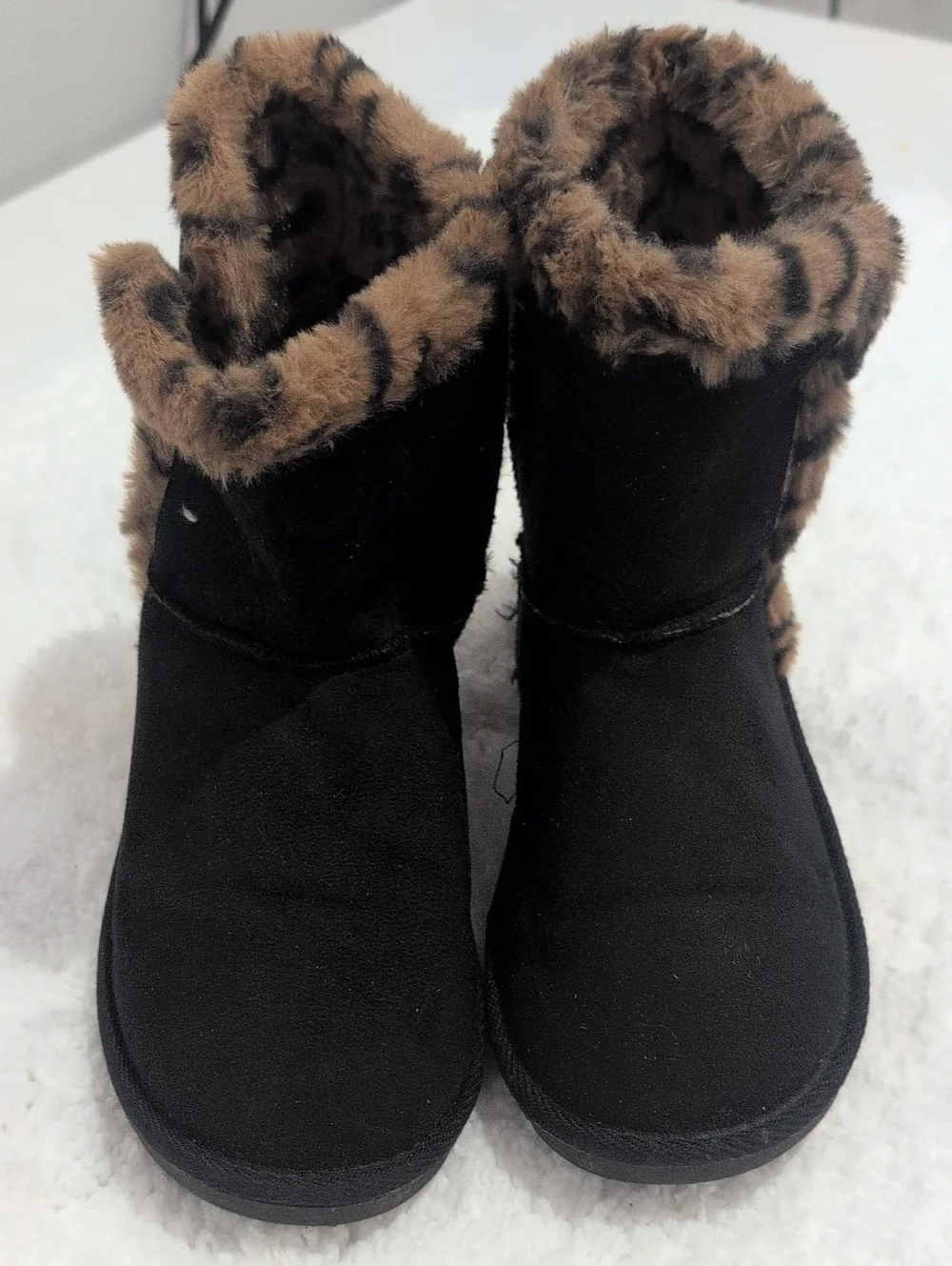 Serra Black Kids Winter Boots with Brown Leopard Faux Fur Trim